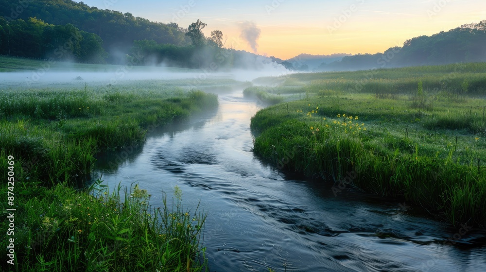 A peaceful river winding through a meadow at dawn, with mist rising from the water and the soft light of morning illuminating the scene. A peaceful river winding through a meadow at dawn, with mist rising from the water and the soft light of morning illuminating the scene.