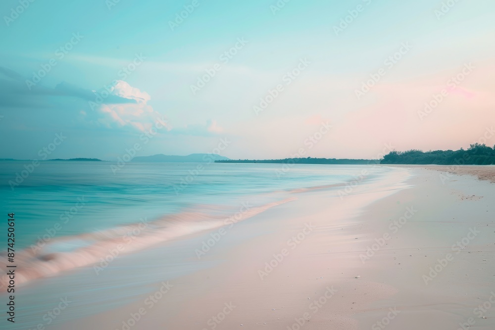 Fototapeta premium A photo of an empty beach, minimalistic, white sand, soft blue water, long exposure, blurred motion, beautiful landscape, dusk mood, captured on Canon EOS R5 camera