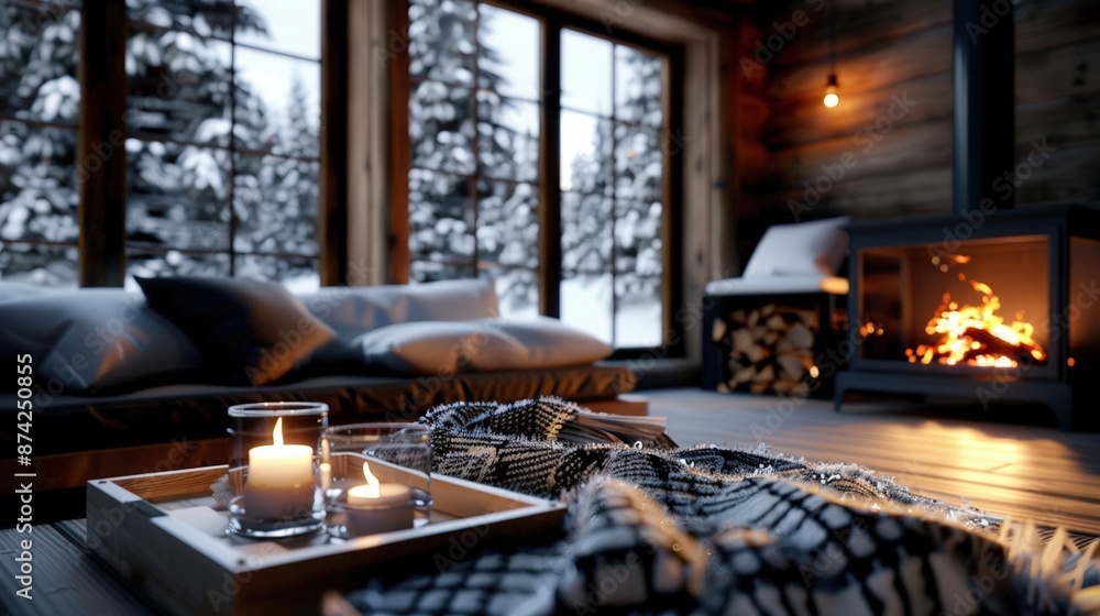 Cozy winter cabin interior with fireplace Cozy winter cabin interior with fireplace