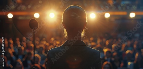Woman Delivering Speech On Stage In Front Of Audience