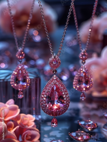 Table adorned with pink flowers and jewelry © yuliachupina