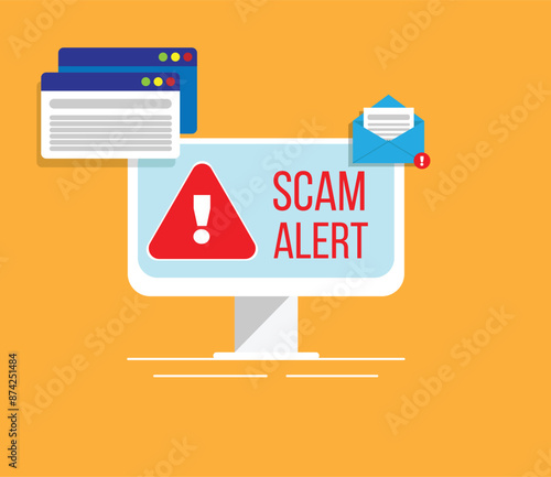 Scam Alert Phishing Email Open in Computer with Warning Sign. Harmful and hazardous online services concept vector