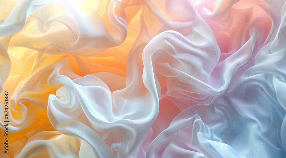 Obraz premium Abstract fluid art background with pastel colored waves and soft ripples, flowing fabrics in different shades of white, beige, gray, orange, and blue, creating an ethereal atmosphere in the style of f