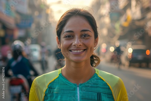 Portrait of a happy indian woman in her 20s sporting a breathable mesh jersey in front of bustling city street background