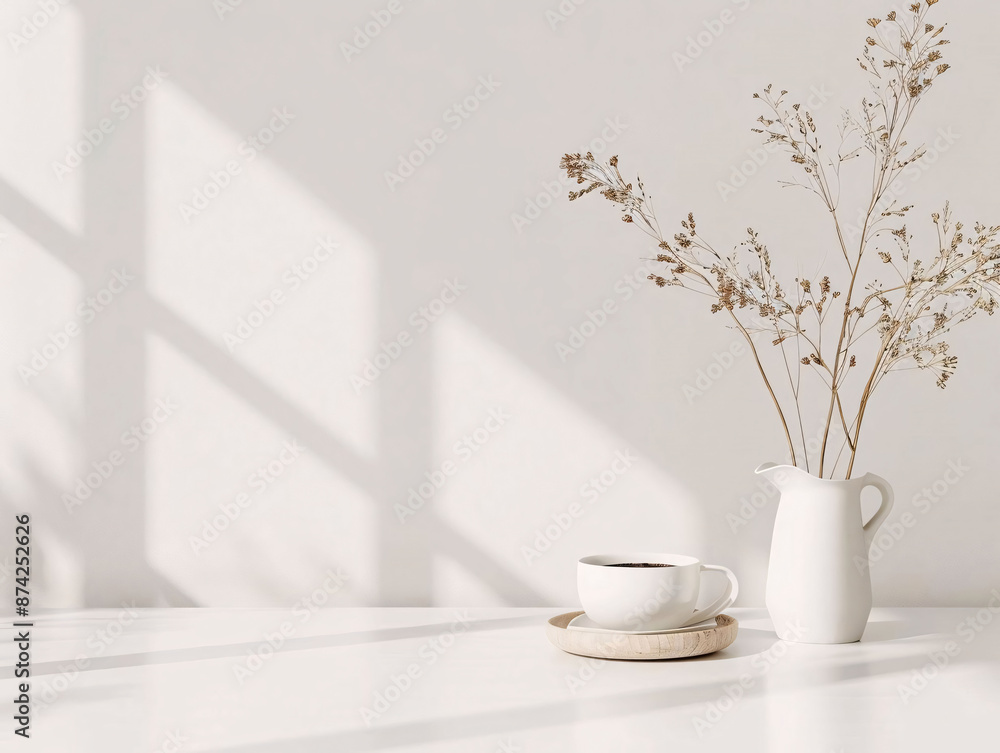 Minimalist white coffee mug, a wooden coaster and dried flowers in a white vase on a white table with soft sunlight Minimalist white coffee mug, a wooden coaster and dried flowers in a white vase on a white table with soft sunlight