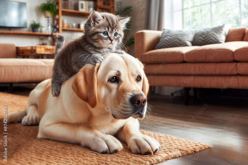 Obraz premium Cute kittens ride on the backs of dogs and tease each other. in the living room.