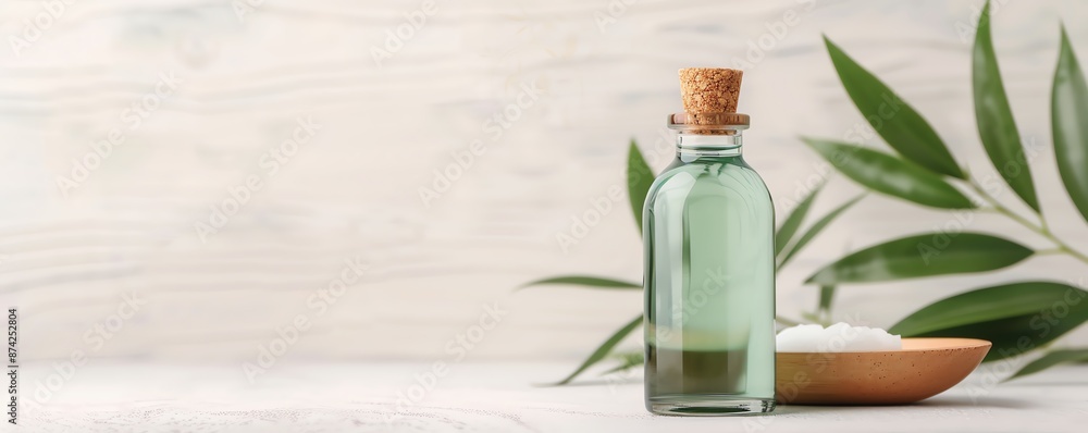 Essential oil bottle with leaves and salt on white background. Essential oil bottle with leaves and salt on white background.