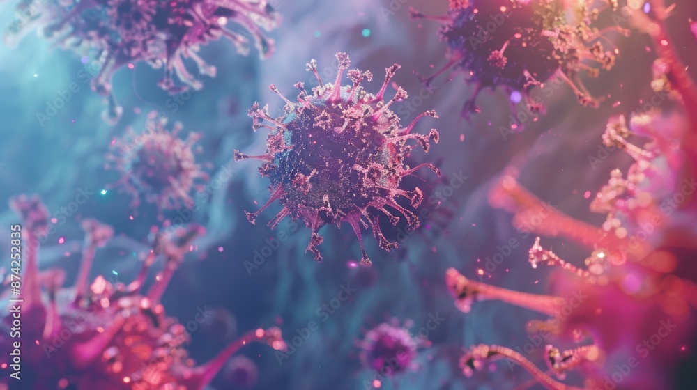A close-up microscopic view of virus particles, depicting their complex structure and potential for spreading. A close-up microscopic view of virus particles, depicting their complex structure and potential for spreading.