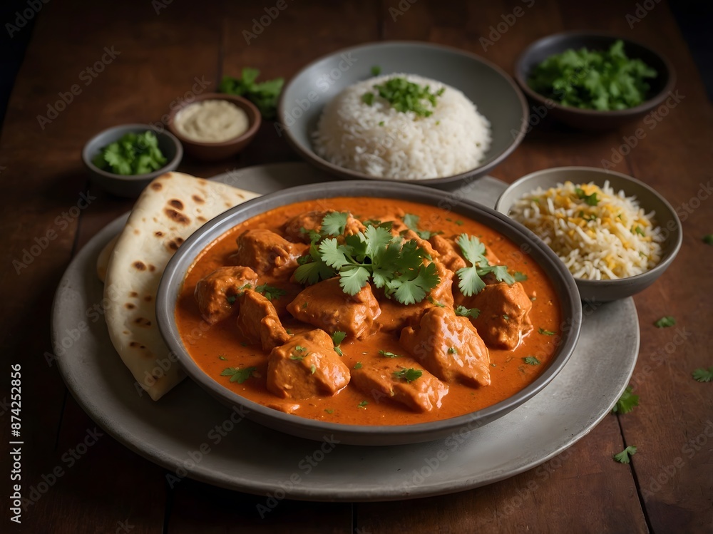 Indian Butter Chicken with Basmati Rice and Naan Bread. Ai Generative. Indian Butter Chicken with Basmati Rice and Naan Bread. Ai Generative.