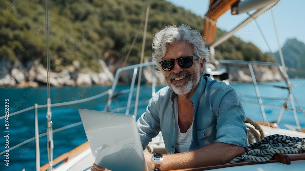 Mature Man Sailing Yacht on Peaceful Ocean with Laptop Mature Man Sailing Yacht on Peaceful Ocean with Laptop