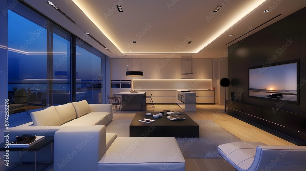 Minimalist Smart Home Living Room with Automated Lighting and Sleek Futuristic Furnishings Minimalist Smart Home Living Room with Automated Lighting and Sleek Futuristic Furnishings