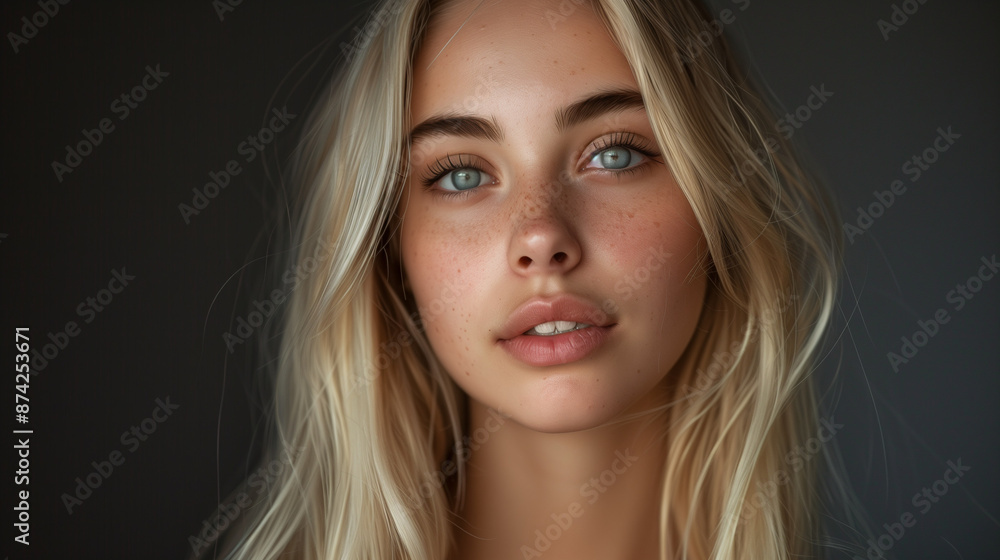 Naklejka premium European Blond Young Woman Look at Camera. Beauty Face, Make-up and Hairstyle. Casual Portrait close up with long blond hair 