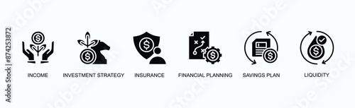 Wealth Management Banner Web Icon Vector Illustration Concept With Income, Investment Strategy, Insurance, Financial Planning, Savings Plan, Liquidity