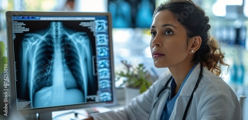 Female Doctor Examining Chest X-ray on Computer Screen in Office
