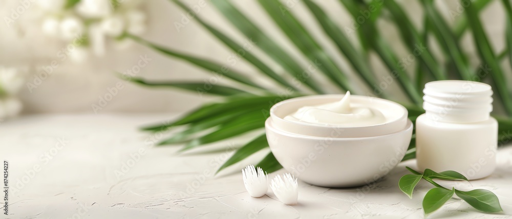Close up of white cream jar with green leaves and white flowers Close up of white cream jar with green leaves and white flowers