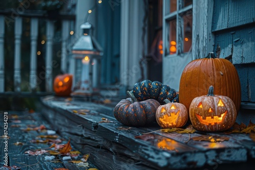 Eerie gourds with haunted sweets on a dark porch, spooky Halloween night, chilling decorations photo