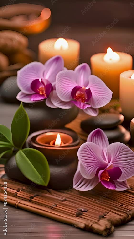Spa setting with candles, stones and orchid flowers natural organic, spa cosmetics in spa retreats promotion background. Vertical. Spa setting with candles, stones and orchid flowers natural organic, spa cosmetics in spa retreats promotion background. Vertical.