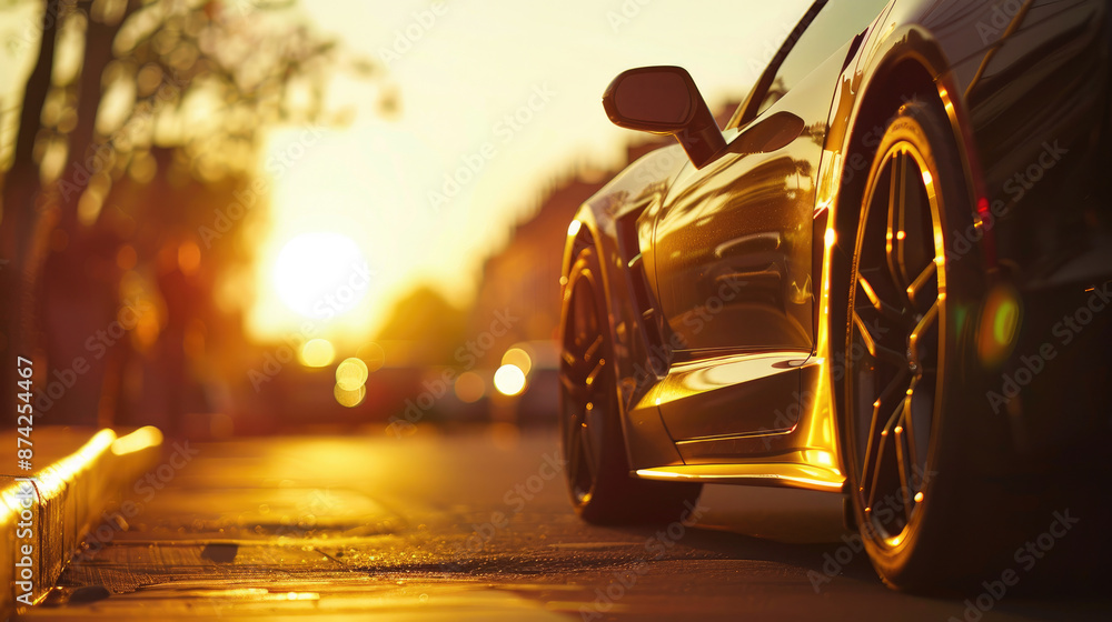 Sports Car Close-Up on a Street at Sunset Sports Car Close-Up on a Street at Sunset