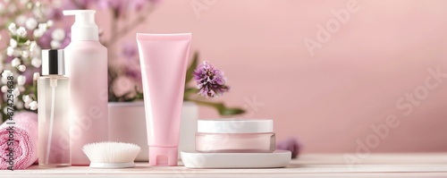 Pink cosmetic bottles and jars with flowers on a white table.