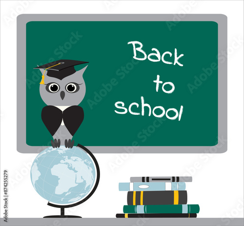 Stacks of books, a wise owl in a graduate hat sits on a globe. Green background chalkboard inscription back to school. Modern design template banner. Vector