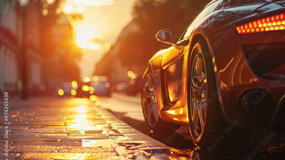 Sports Car Close-Up on a Street at Sunset Sports Car Close-Up on a Street at Sunset