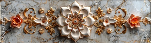 Intricate floral design in relief on a marble surface, showcasing detailed flowers and leaves with a vintage aesthetic.