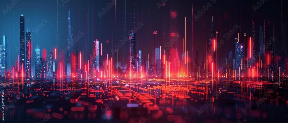Futuristic cityscape with glowing red and blue lights, depicting advanced technology and digital innovation in an urban environment. Futuristic cityscape with glowing red and blue lights, depicting advanced technology and digital innovation in an urban environment.