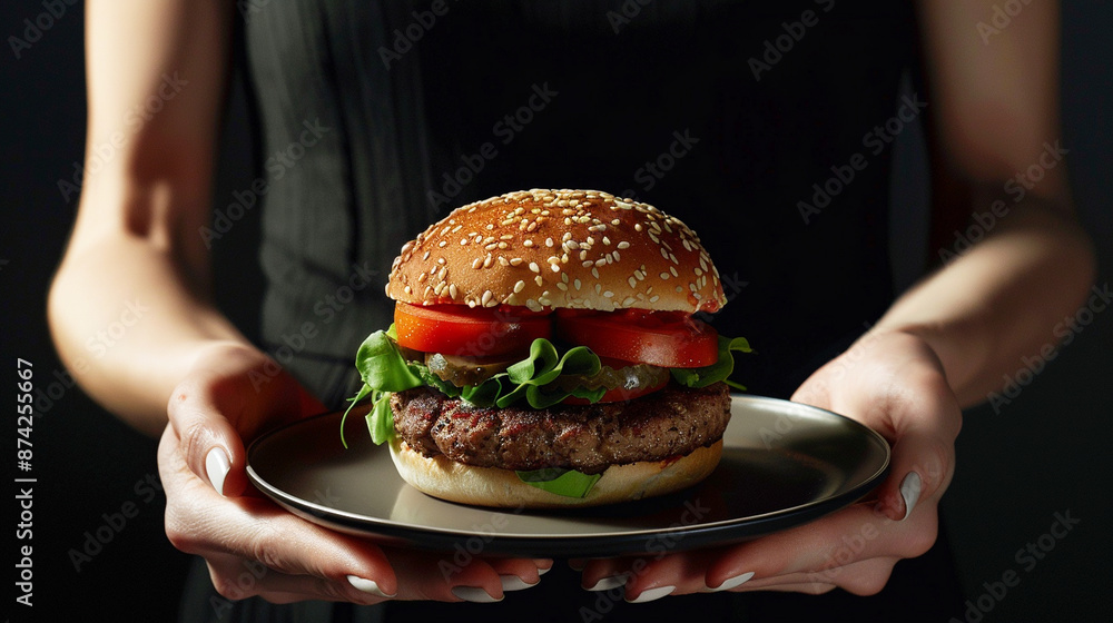 person in a restaurant with a hamburger person in a restaurant with a hamburger