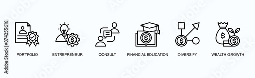 Investment Advisory Services Banner Web Icon Vector Illustration Concept With Portfolio, Entrepreneur, Consult, Financial Education, Diversify, Wealth Growth