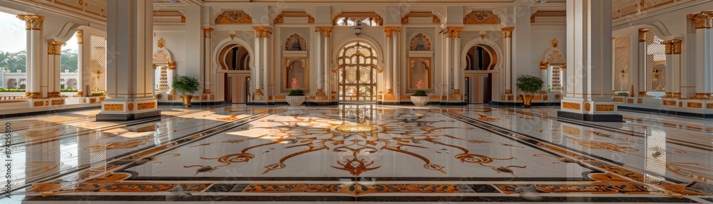 Obraz premium Luxurious grand hall with intricate marble flooring, tall pillars, and sunlight pouring through large windows. Opulent interior design and architecture.