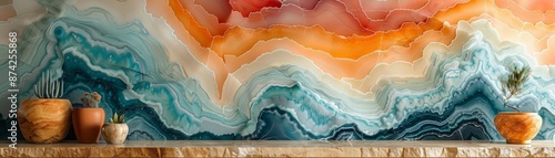 Abstract colorful mural with earthy pots on a wooden shelf, blending vibrant hues of orange, blue, and white.