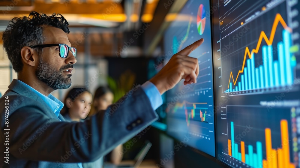 Man analyzing data on large digital screens in modern office with team. Business analytics and growth concept. Man analyzing data on large digital screens in modern office with team. Business analytics and growth concept.