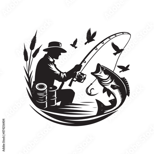 Fishing logo icon silhouette vector. Vintage fishing logo design. Fish chub, Fish, and fishing rod. carp fish, great set collection clip art Silhouette, Black vector illustration on white background