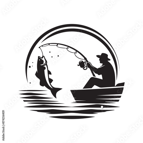 Fishing logo icon silhouette vector. Vintage fishing logo design. Fish chub, Fish, and fishing rod. carp fish, great set collection clip art Silhouette, Black vector illustration on white background