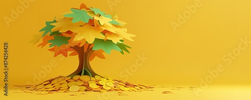 Illustration of a tree with yellow and green leaves photographed on a yellow background