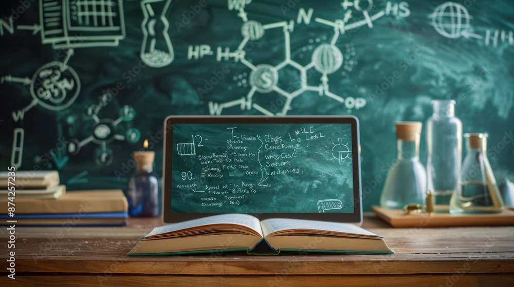 Open book and laptop on desk in science classroom with chalkboard displaying chemistry diagrams and formulas, glassware in the background. Open book and laptop on desk in science classroom with chalkboard displaying chemistry diagrams and formulas, glassware in the background.