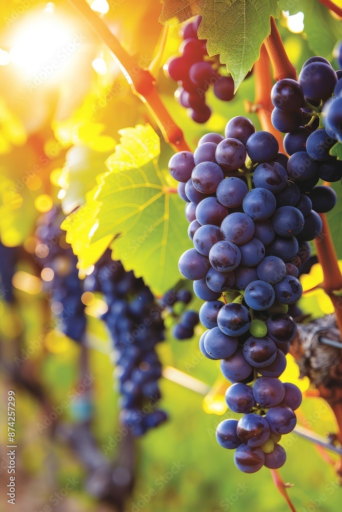 Naklejka premium Many red grapes are grown in the vineyards. Clustered on the branches, these grapes are rich in nutrients and unique taste, and are one of the important ingredients in wine making