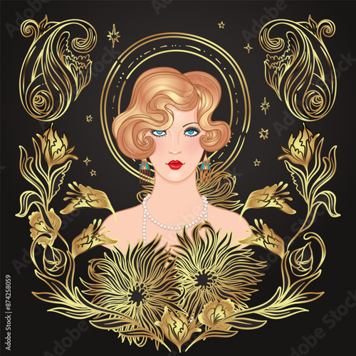 Art Deco vintage invitation template design with illustration of flapper girl...