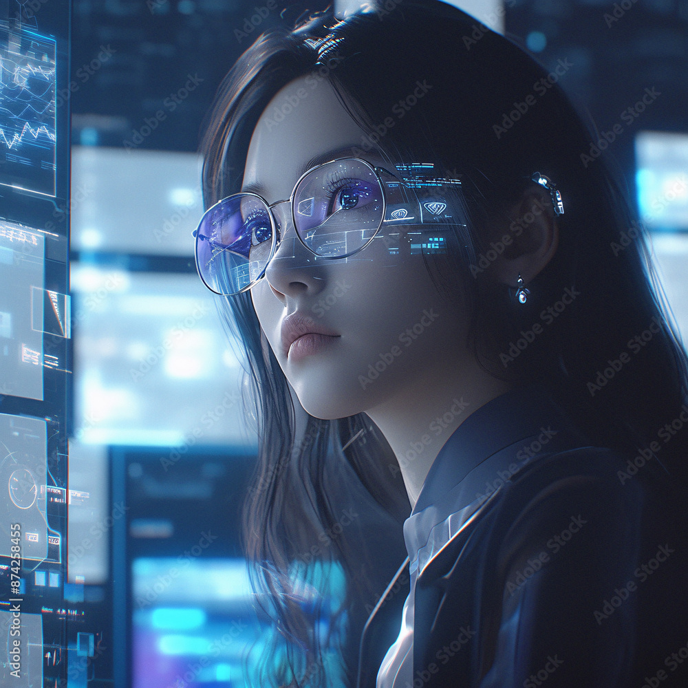 A woman with glasses is looking at a computer screen. The computer screen is filled with many different images and text A woman with glasses is looking at a computer screen. The computer screen is filled with many different images and text