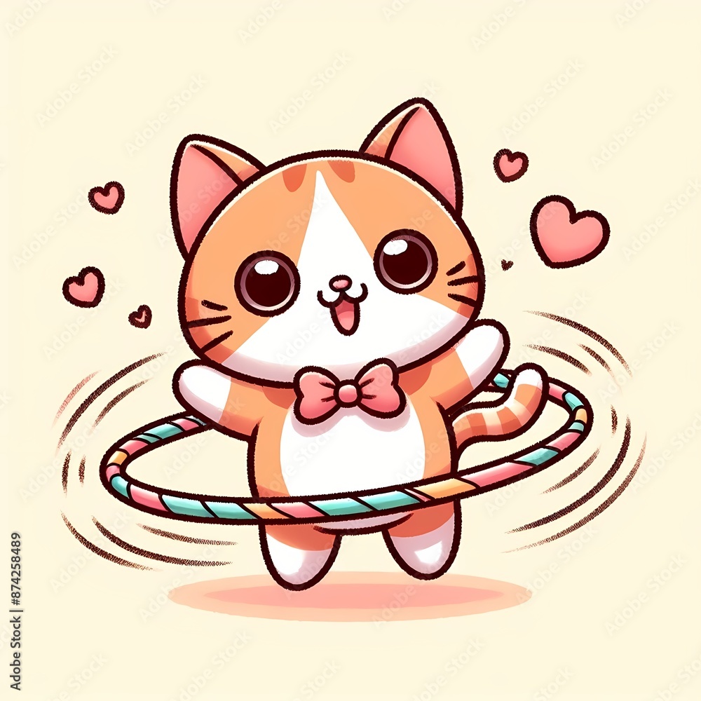 Fototapeta premium Cute Cat Playing Hula Hoop Cartoon Vector Icon Illustration
