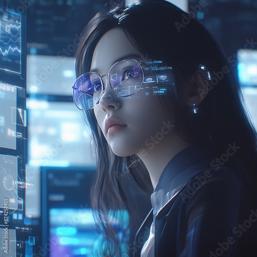 A woman with glasses is looking at a computer screen. The computer screen is filled with many different images and text