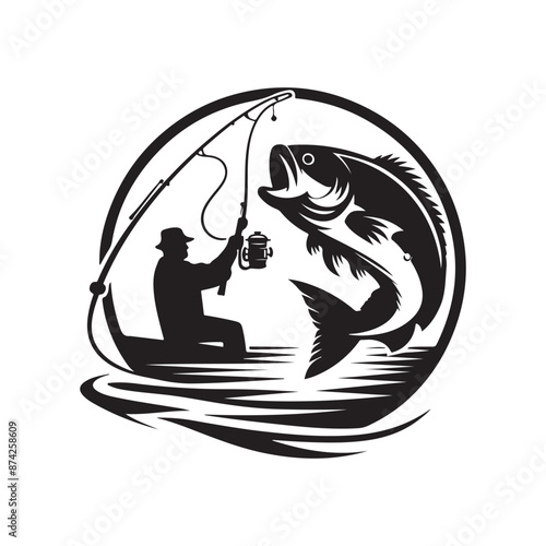 Fishing logo icon silhouette vector. Vintage fishing logo design. Fish chub, Fish, and fishing rod. carp fish, great set collection clip art Silhouette, Black vector illustration on white background