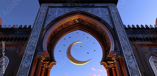 A mosque gate with an Arabic concept has a crescent moon in the middle and stars around it with a purplish blue sky background photo