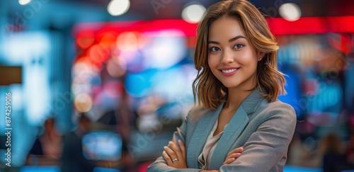 Confident Businesswoman Smiling With Arms Crossed in a Modern Office