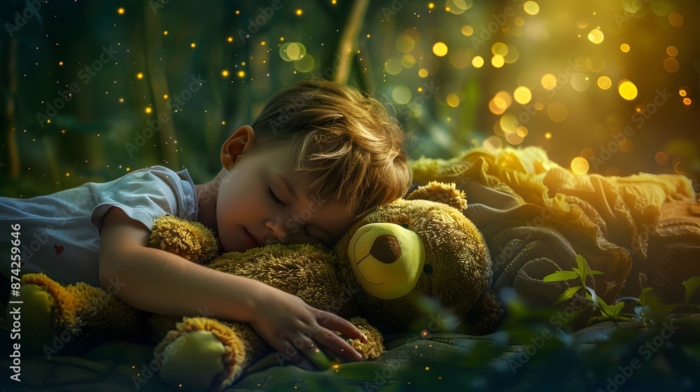 Naklejka premium Peaceful Child Sleeping with Teddy Bear in Magical Dreamland