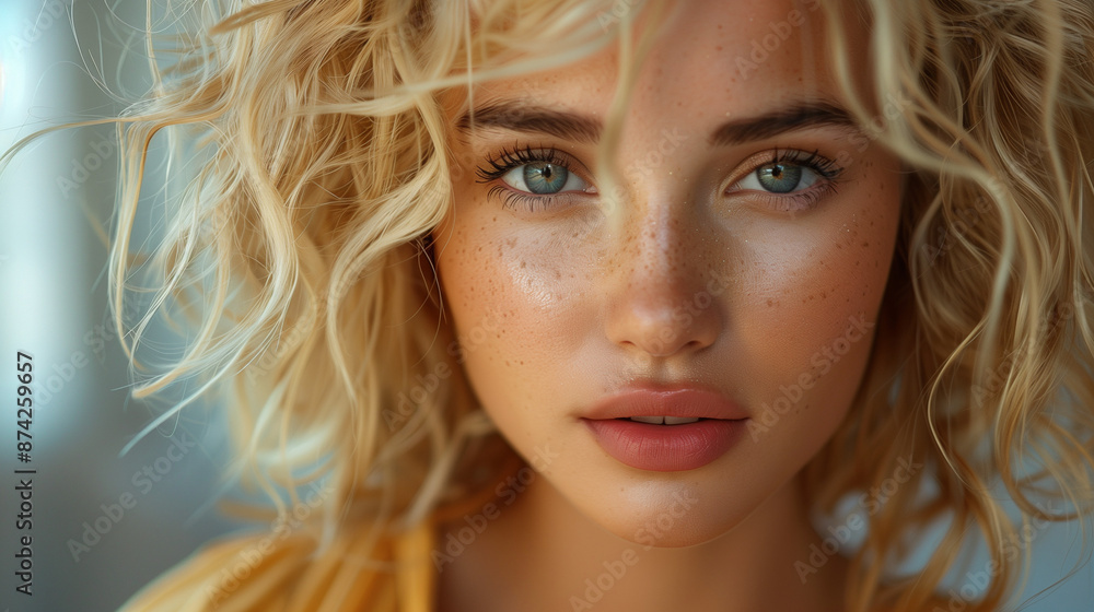 Woman Portrait with Blond Hair and Fine Make-Up. Model Posing with Trendy Hairstyle and Long Hair Woman Portrait with Blond Hair and Fine Make-Up. Model Posing with Trendy Hairstyle and Long Hair
