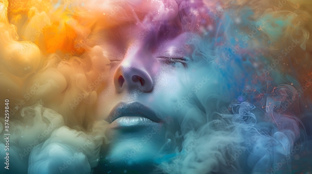 Serene Dreamscape Portrait with Closed Eyes and Ethereal Colors Serene Dreamscape Portrait with Closed Eyes and Ethereal Colors