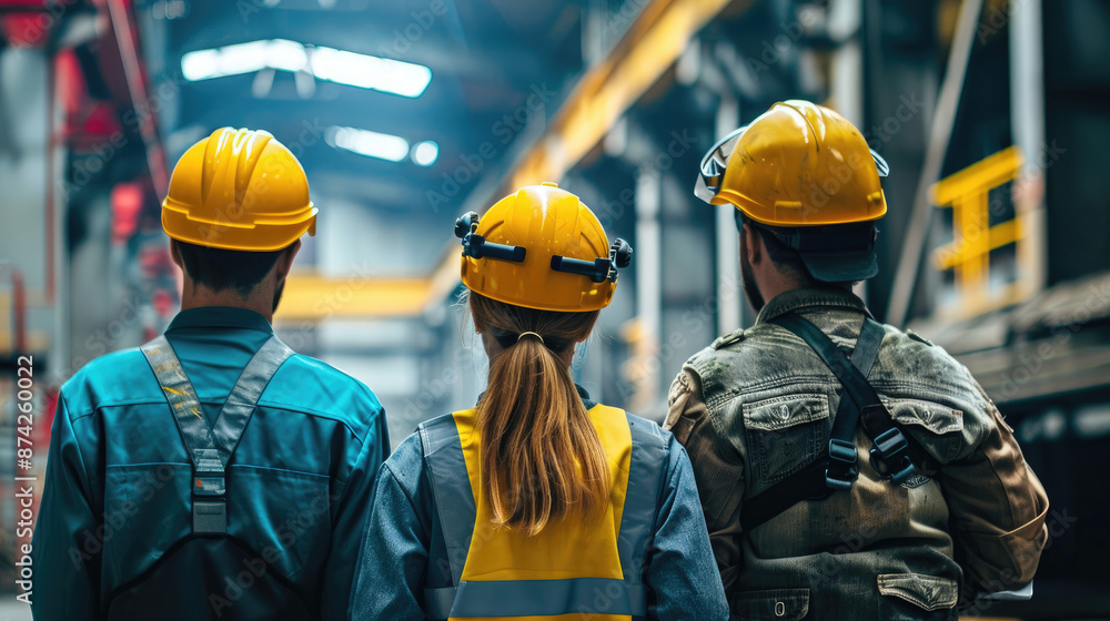 Backview Portrait of Diverse Industrial Workers Operating in a Factory Backview Portrait of Diverse Industrial Workers Operating in a Factory