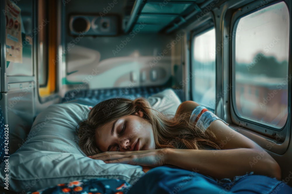 Tired woman in a hat sleeping on a train during travel. Tired woman in a hat sleeping on a train during travel.