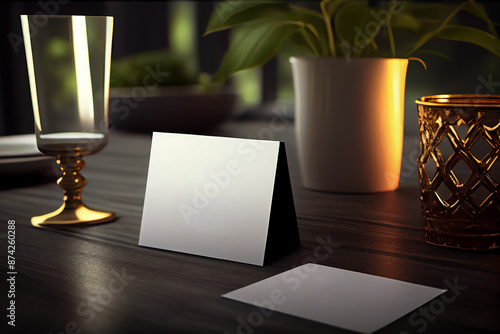 Blank paper table card on wooden table over bar background
